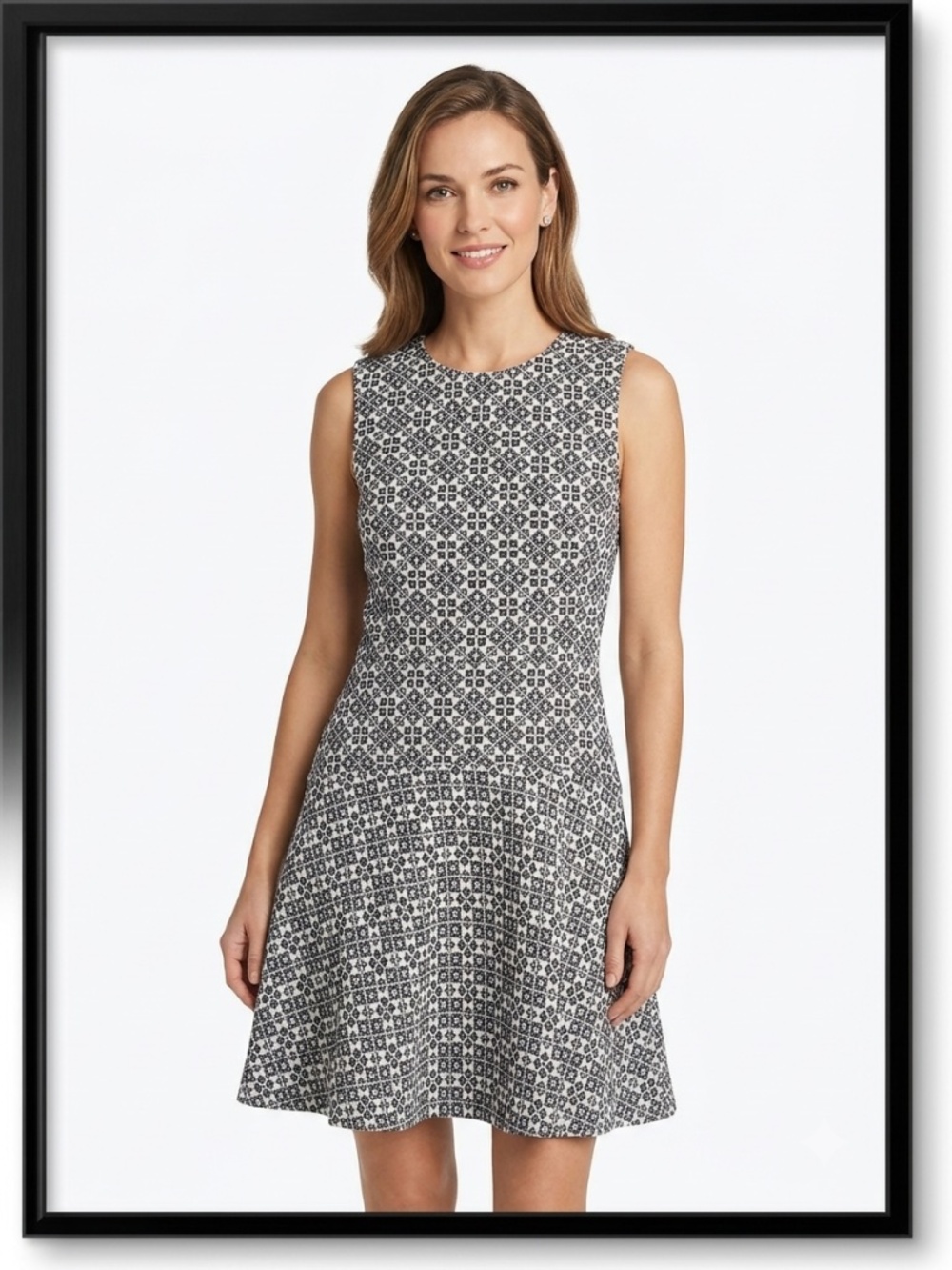 Tory Burch Black & White Geometric Jacquard Sleeveless A-Line Dress - Size 8 - Picture 1 of 2